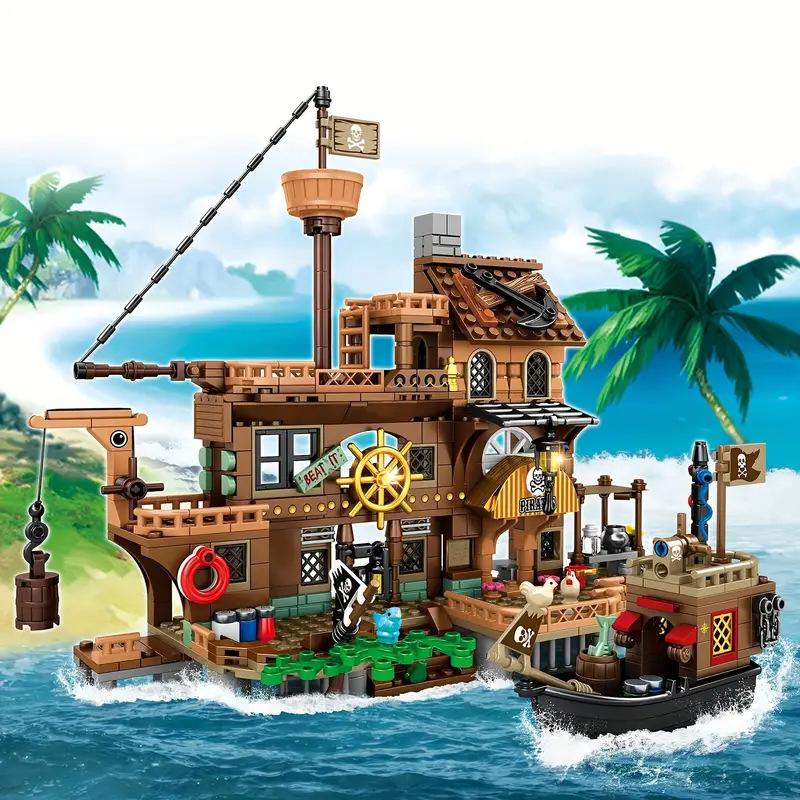 Cross-Border Hot-Selling Island Siege Storm Island Dock Pirate Ship Treasure Chest Puzzle Building Block Toys Gift Dropshipping