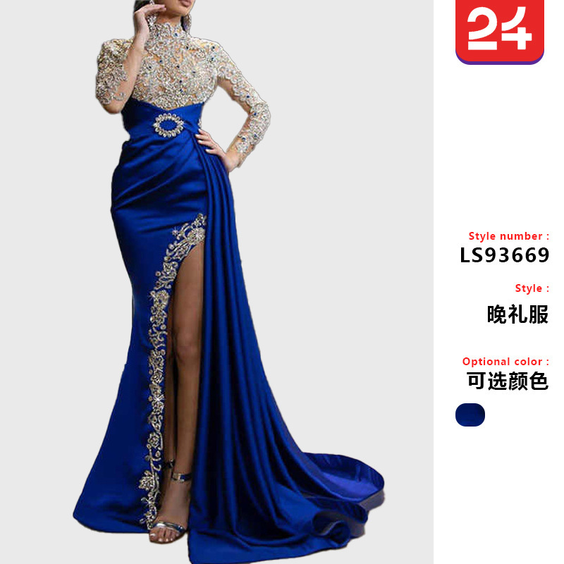 2025 European and American Export New Amazon Women's Dress Blue Sprinkled with Gold Slit Stitching Half Turtleneck Evening Dress 2025 European and American Export New Amazon Women's Dress Blue Sprinkled with Gold Slit Stitching Half Turtleneck Evening Dress