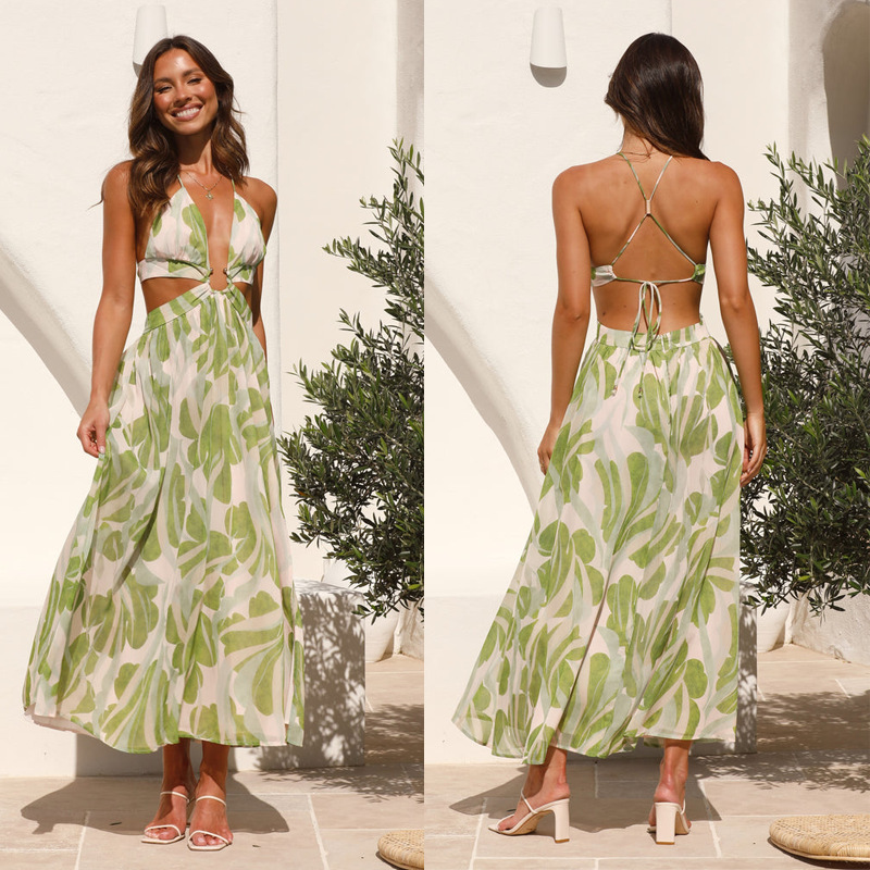 European and American Cross-border Summer 2024 New Women's V Neck Backless Lace-up Printed Hem Slit Long Dress