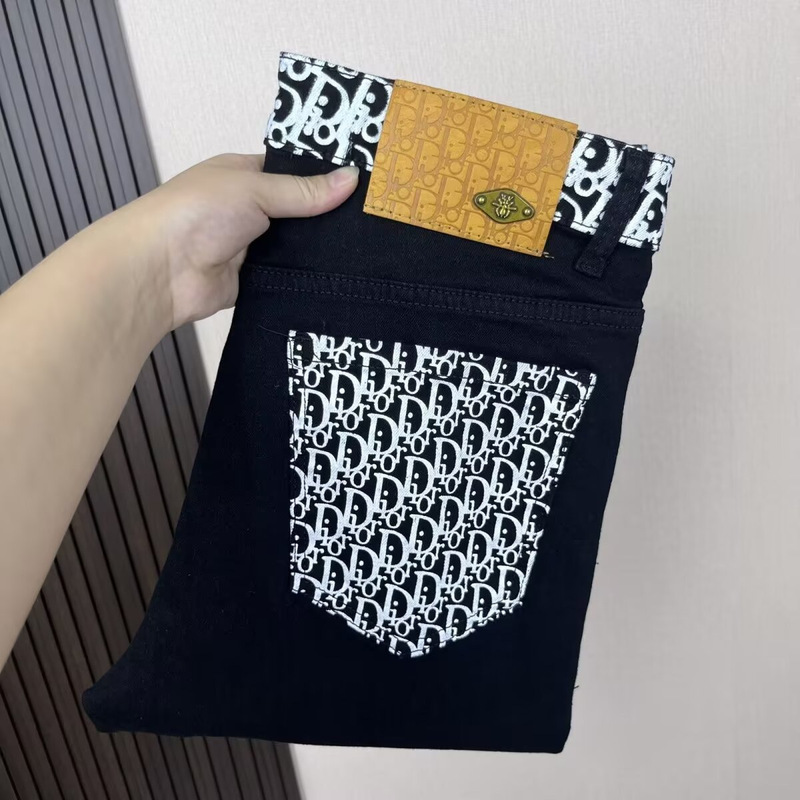 Cross-Border Light Luxury New Slim-Fit Pants Black Printed Trendy Brand Influencer Same Style Small Straight-Leg Jeans Men's Long Pants