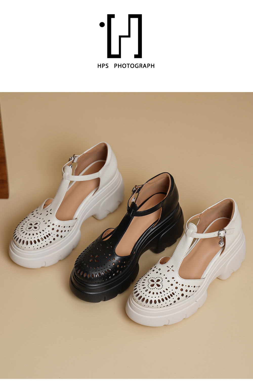 Giày cao gót nữ đế xuồng platform 8 cm, mũi tròn bít, quai chữ T kiểu Mary Jane, họa tiết khoét lỗ thoáng khí — màu đen, màu mơ chi tiết 11