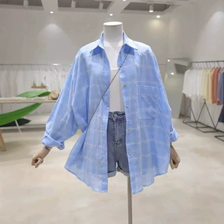 2026夏季韩版宽松格子防晒衬衫女慵懒风百搭薄款长袖外套衬衣女