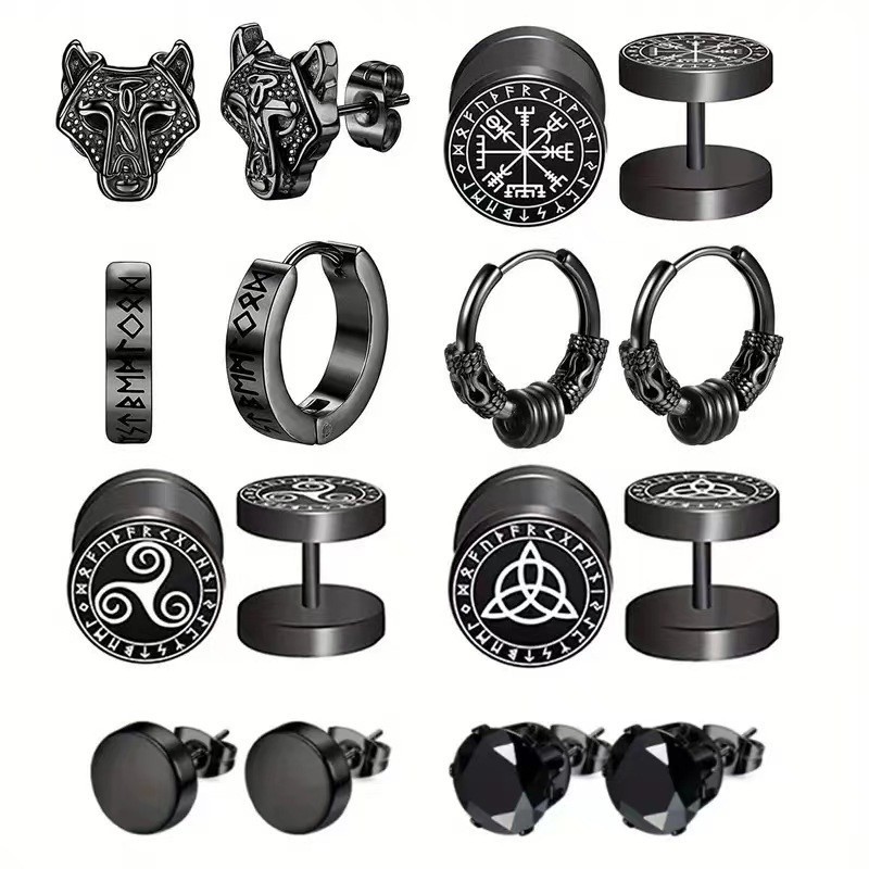 Boucles d'oreilles unisexes noires à fermoir plat, motif runique unique nordique viking, en acier inoxydable, style géométrique classique et tendance._voghion.com