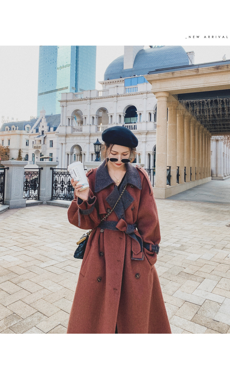 Women's Long Woolen Coat Brick Red Hepburn Style Winter Overcoat_voghion.com