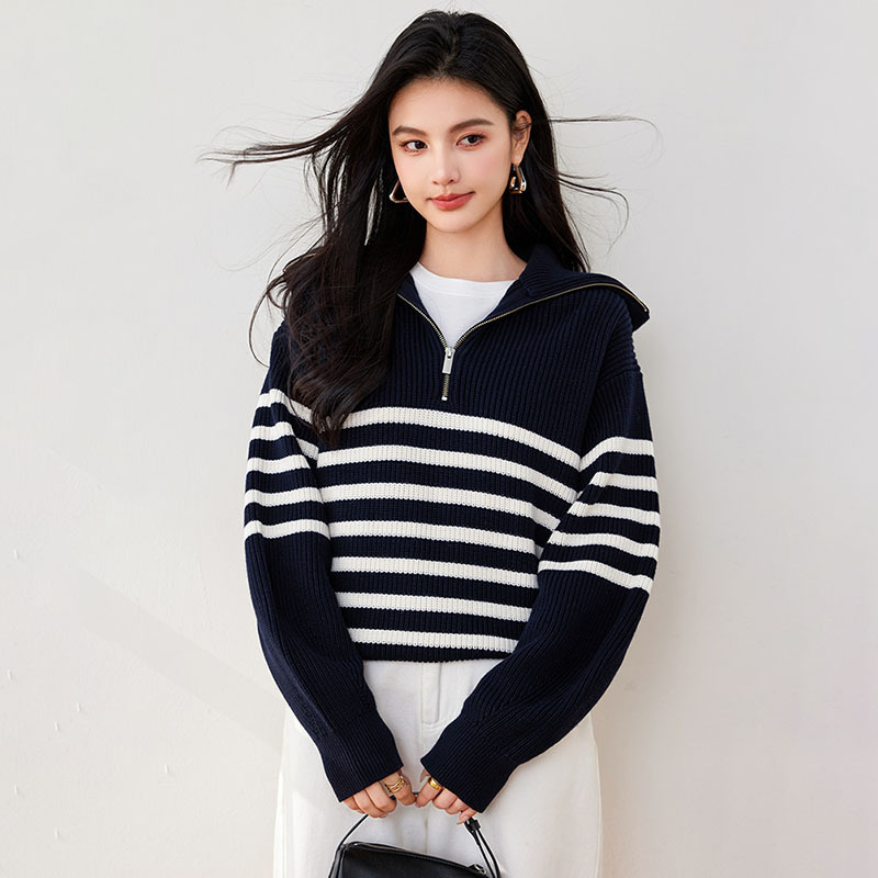欧美大码半拉链针织衫上衣女秋冬新款海军领条纹休闲百搭毛衣外套|undefined
