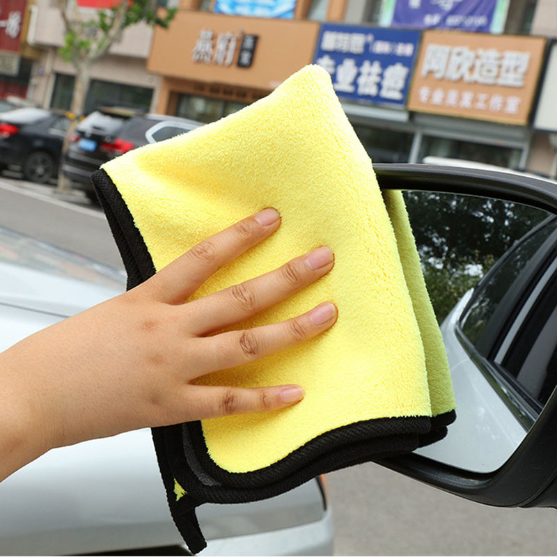 Bordeado de franela de doble cara, fibra, cabello largo, grueso, toalla de limpieza de automóviles absorbente multifuncional y duradera, toalla de lavado de automóviles de dos colores encerada