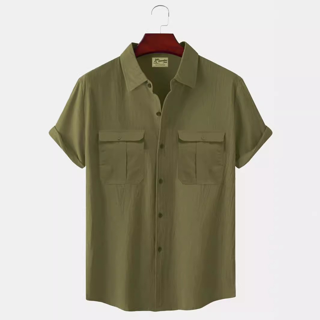 European and American Men's Shirt Fashion Solid Color Short Sleeve Shirt