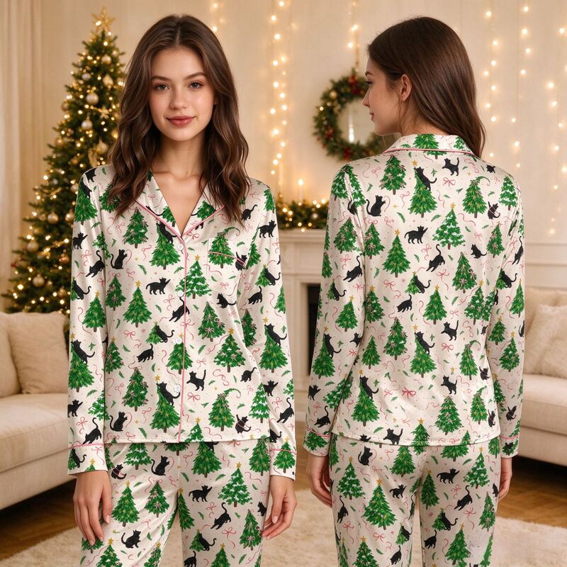 Yimeda printed Christmas pajama set, long-sleeved, collared, home wear for women, suitable for holiday parties, available for custom orders from the manufacturer Yimeda printed Christmas pajama set, long-sleeved, collared, home wear for women, suitable for holiday parties, available for custom orders from the manufacturer