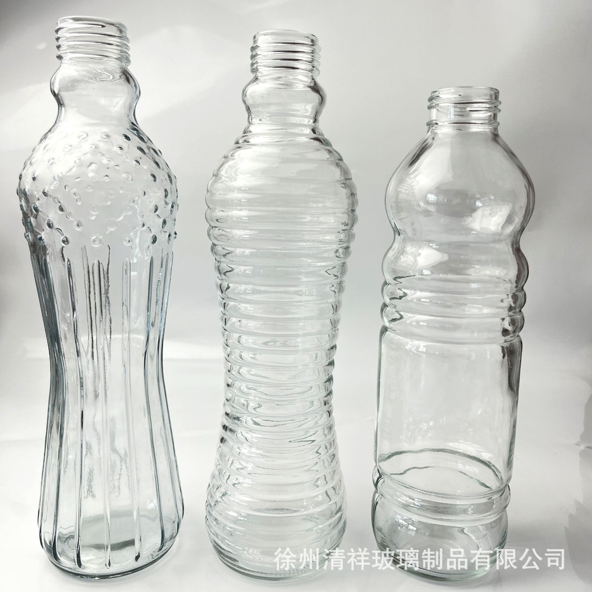 透明时尚大容量横纹圈果汁饮料瓶1L出口专用玻璃瓶