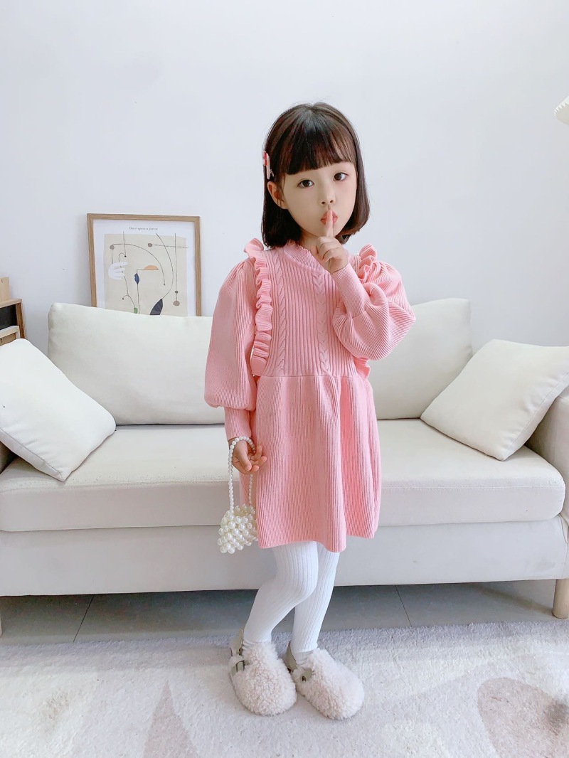 Girls Knitted Dress Autumn Winter Solid Colour Long Sleeve Style_voghion.com