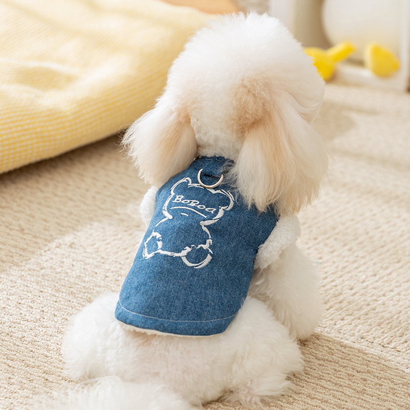 Otoño y invierno perros perros pequeños y medianos osos coreanos bordados vaqueros tracción algodón gato peluche ropa de perro