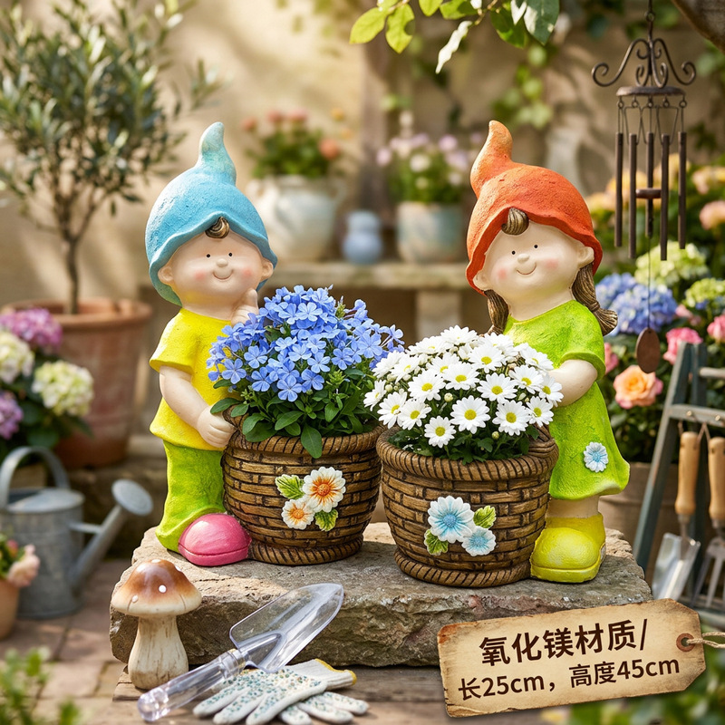 Outdoor Artificial Boy and Girl Basket Flower Pot Cute Character Garden Ornaments Kindergarten Courtyard Balcony Decorations Outdoor Artificial Boy and Girl Basket Flower Pot Cute Character Garden Ornaments Kindergarten Courtyard Balcony Decorations