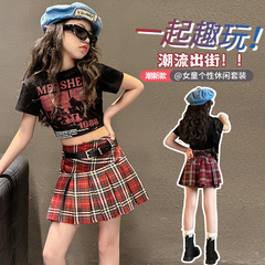 女童短袖T恤夏季2024新款甜酷女孩美式t體恤百褶裙女團街舞演出服