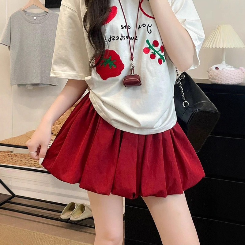 韩系甜美红色花苞短裙女春秋薄款小个子高腰慵懒百搭显瘦蓬蓬裙裤|undefined