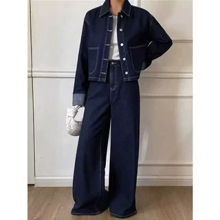 跨境深蓝翻领短款牛仔外套女单排扣门襟牛仔套装通勤休闲显瘦夹克