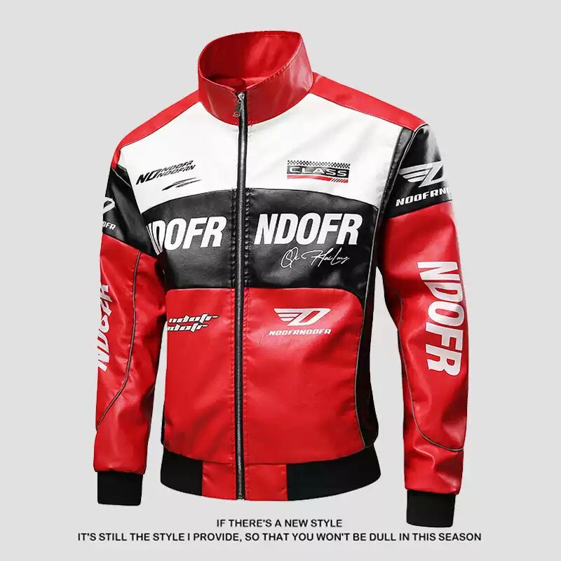 Red stand-up collar leather jacket for men, stylish biker leather coat, racing jacket, 2026 new American style trendy motorcycle riding jacket Red stand-up collar leather jacket for men, stylish biker leather coat, racing jacket, 2026 new American style trendy motorcycle riding jacket
