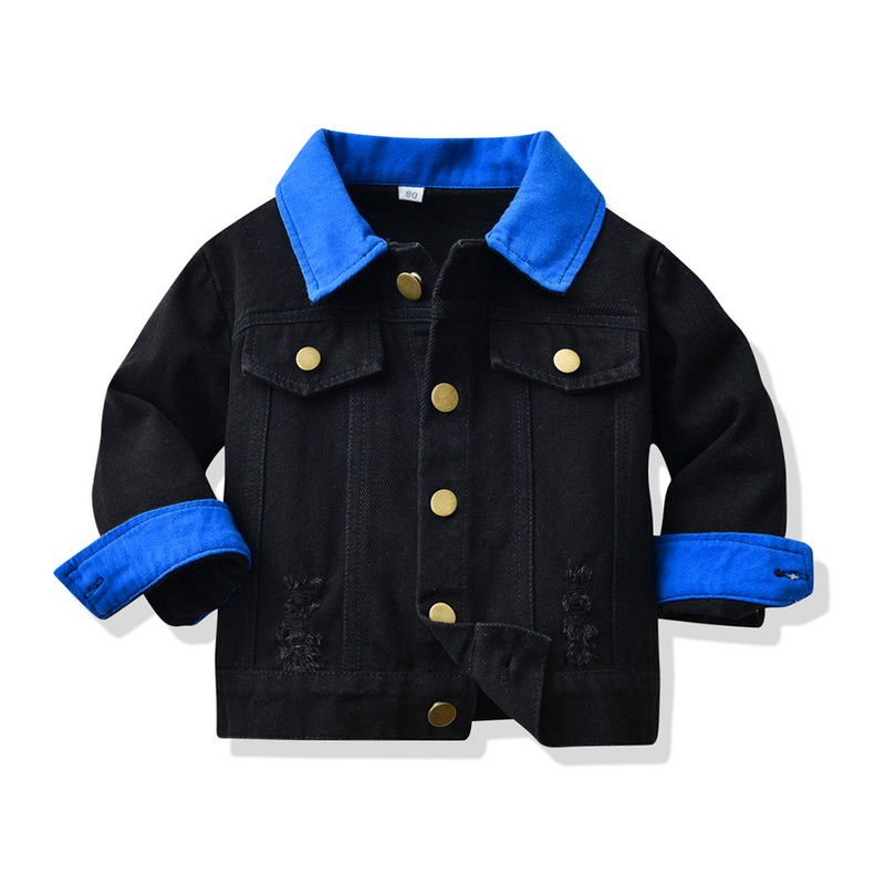 Nueva Chaqueta De Mezclilla Para Niños Chaqueta De Mezclilla Negra Con Solapa De Bloque De Color Coreano Para Niños display picture 1