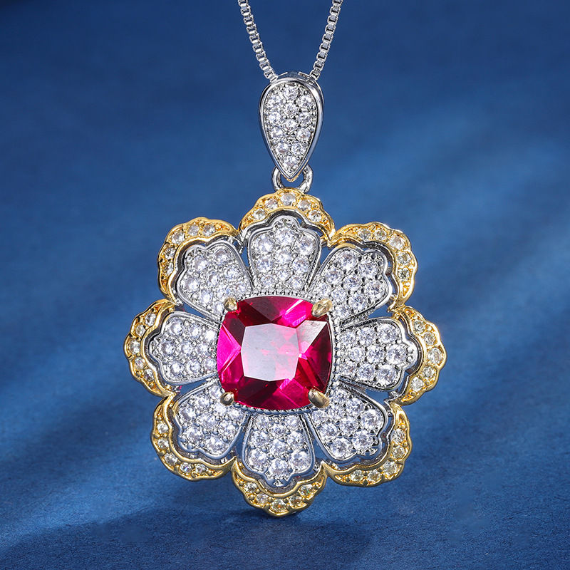 Zhuang Sheng joyería fondo de cobre chapado en oro simulación color tesoro rojo corindón en forma de flor creativa completa diamante traje de las mujeres 10*10