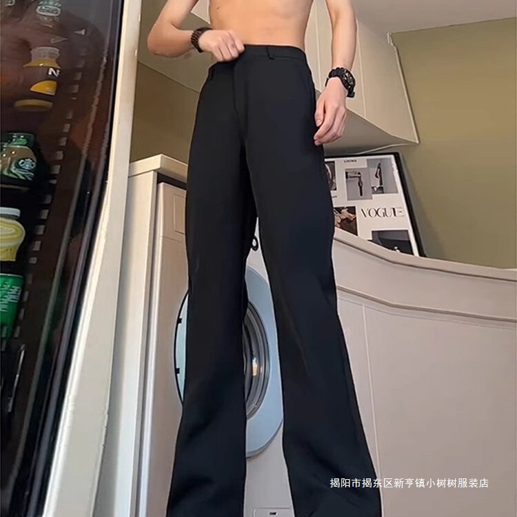 High-End Black Micro-Flared Anti-Wrinkle Trousers for Men, Loose and Trendy Straight-Leg Korean Black Slim Jeans