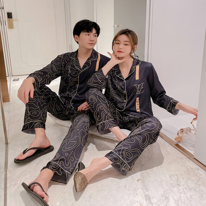 Couple Pajamas Women's Ice Silk 2022 Autumn New Long Sleeve Tiktok Fashion Fashion Home Clothes Suit for Men Manufacturers
