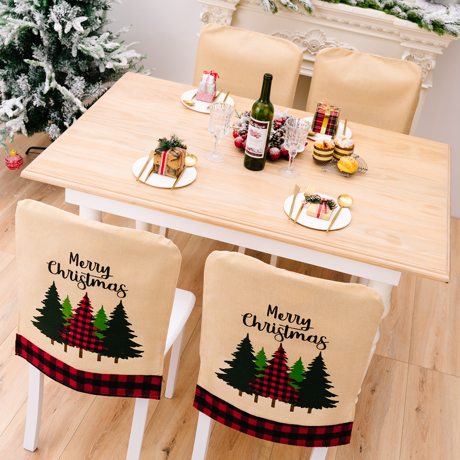 Jõulukaunistused Trükitud tooli kate Punane ja must ruuduline jõulupuu merrychristm_voghion.com