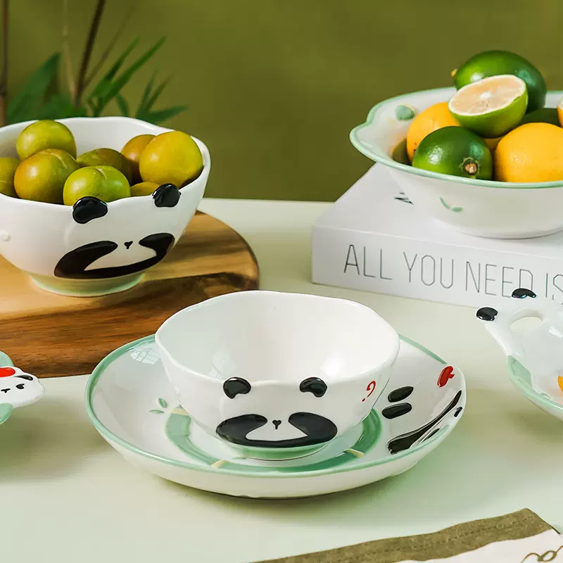 1人食2人食熊猫陶瓷碗勺子套装家用吃饭碗盘子可爱儿童餐具碗筷