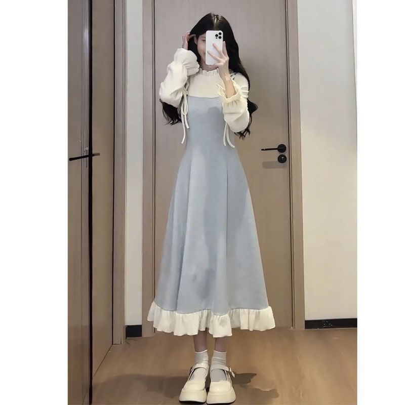 早春甜美短裙秋冬收腰显瘦小众设计感撞色拼接假两件连衣裙女|undefined