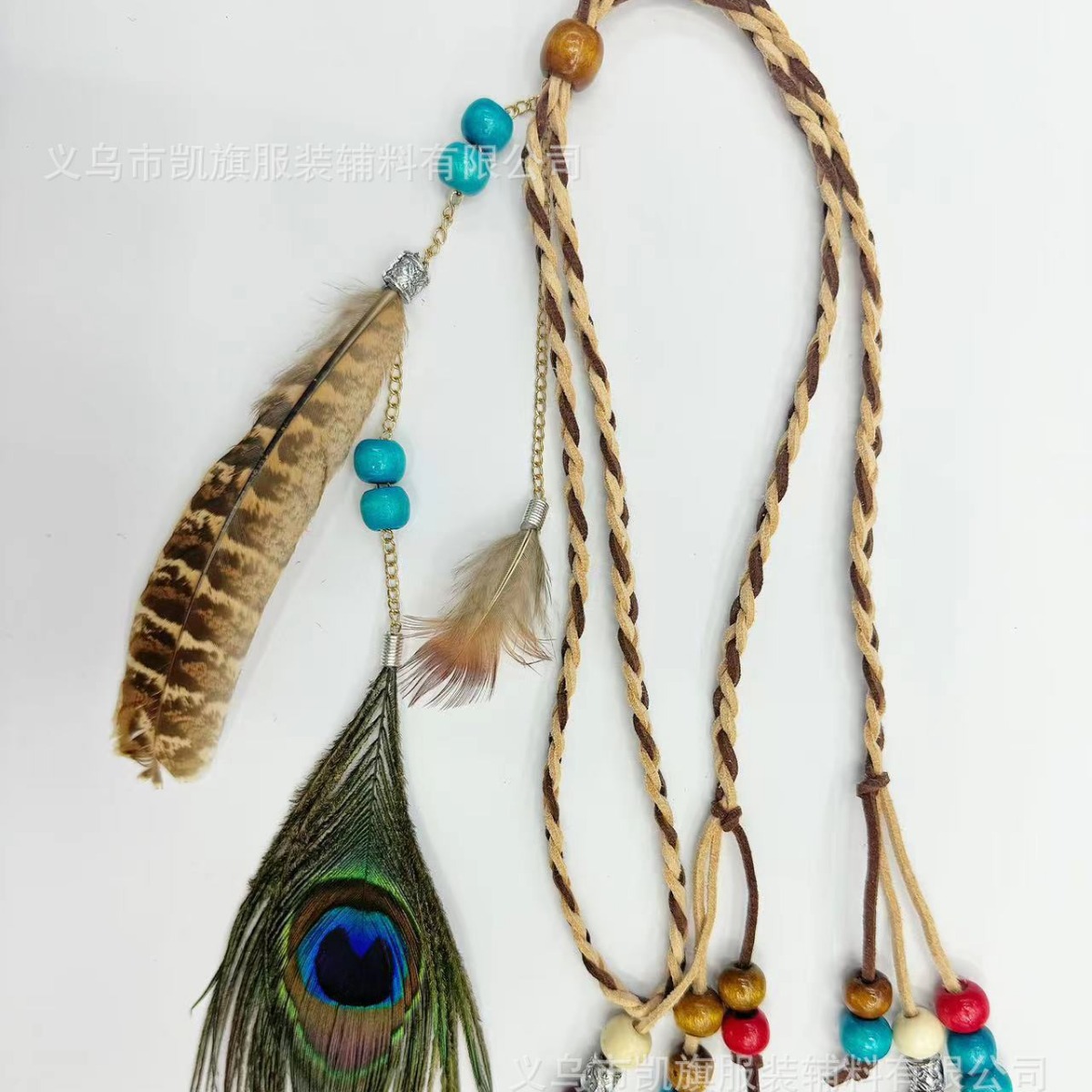 Indio cuentas de colores pluma de pavo real cuerda colgante accesorios para el cabello estilo étnico fotografía de viaje tocado estilo bohemio banda para el cabello