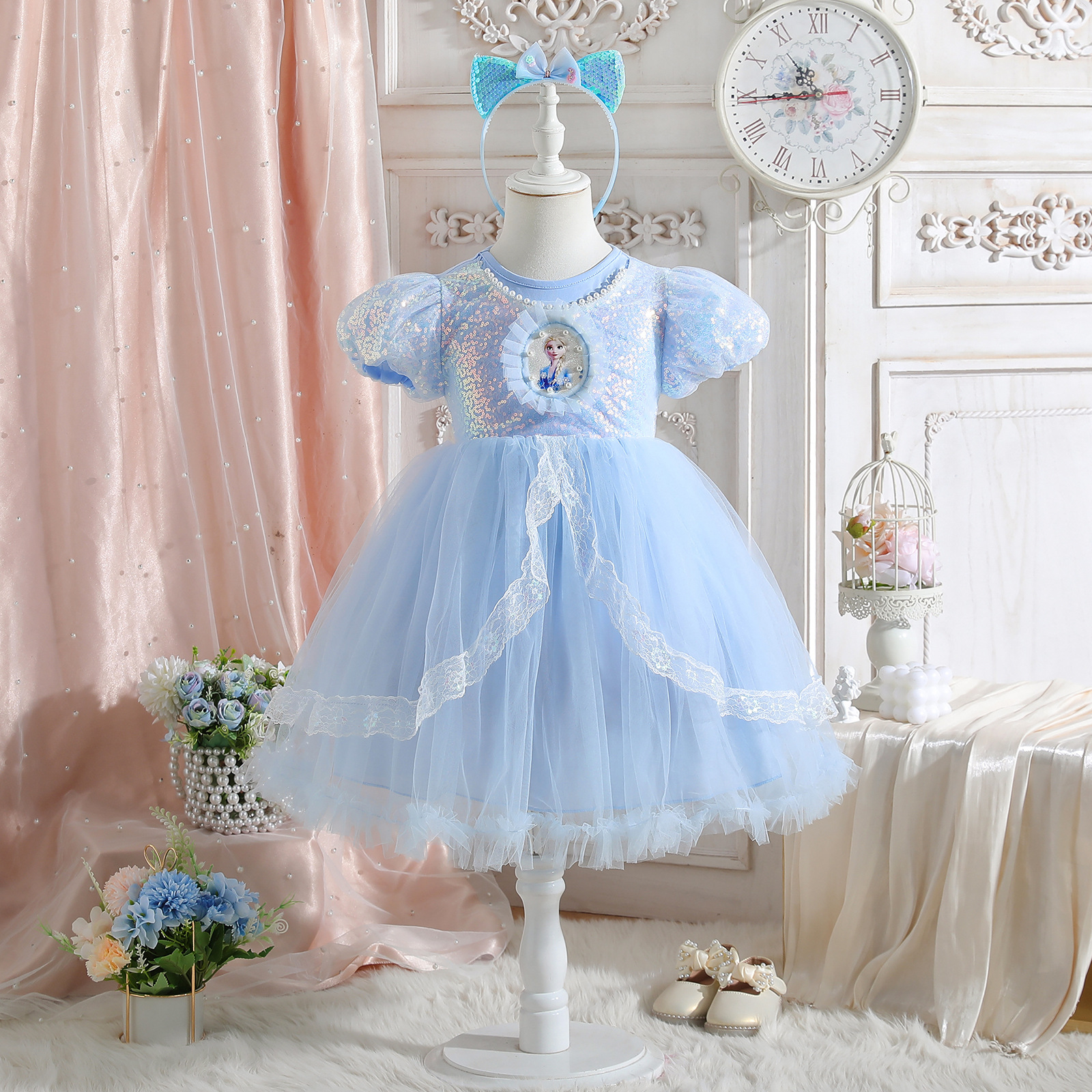 Girls' Dress Summer 2026 New Stylish Children's Sequin Puffy Princess Dress Summer Fashion