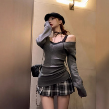 纯欲毛衣收腰辣妹修身百搭套装潮上衣+挂脖蕾丝内搭+短裙跨境批发