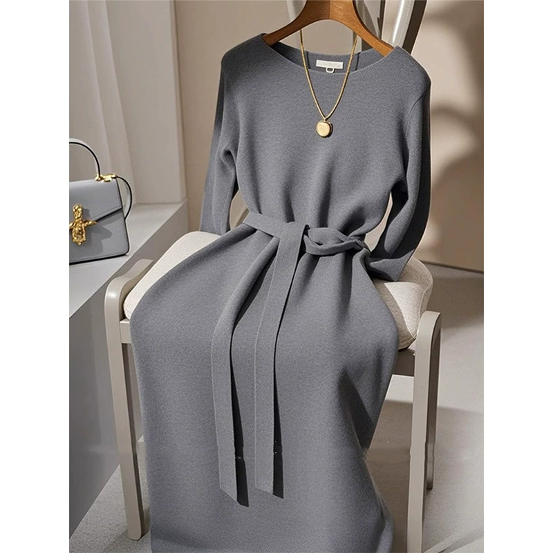 Ранний осенний официальный случай темпераментная юбка легкая роскоши высокого чувства супер красивый достойный серый трикотажное платье для женщин