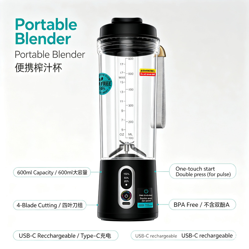 Portable Juicer Cup 600ML Ice Crusher Blender, Certified for Cross-Border Sales, Multifunctional Juice Maker