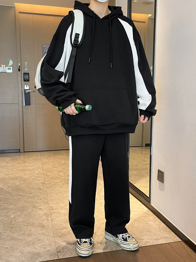 Suede suelta, juego de deportes casuales para hombres, primavera y otoño, nuevo estilo de moda con capuzas, pantalones rectos de moda juvenil, dos piezas