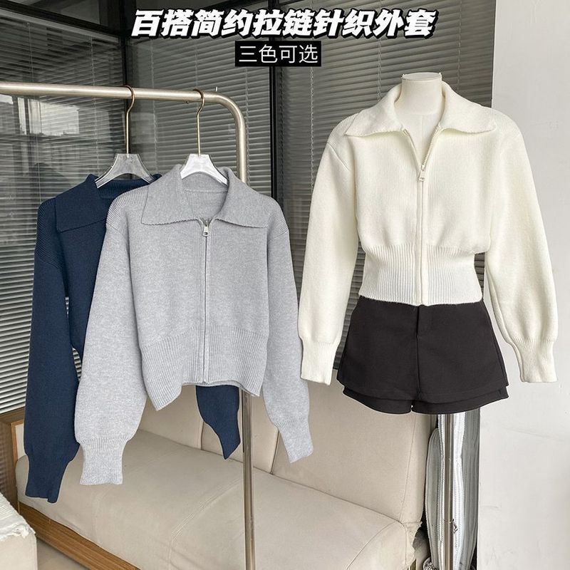 短款针织开衫翻领外套洋气修身春秋毛衣新款长袖设计拉链上衣|undefined