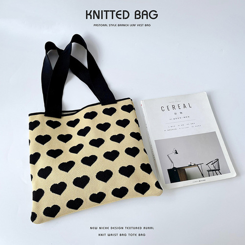 Bag Contrast Color Love Knitted Shoulder Bag Handbag Student Versatile Commuting Large Capacity Canvas Bag