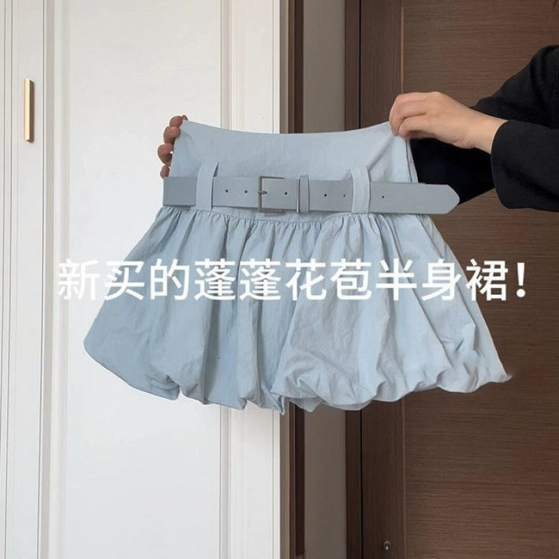 2025夏季新款掐腰配皮带花苞半身裙甜美风高腰显瘦A字蓬蓬短裙女