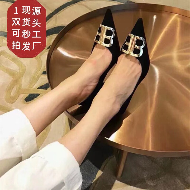 2026 New French-Style Bb Pointed-Toe High Heels, Black Suede Stiletto, Sexy Shallow Mouth with Rhinestones, Double B Buckle Single Shoes