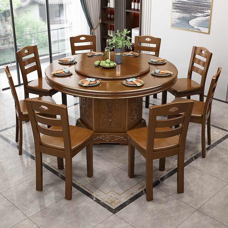 Solid Wood Round Table for Home Dining Special Price Ordinary Chinese Style with Storage Hotel Hotel Universal Dining Table Complete Set of Rubber Wood