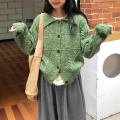 针织开衫秋冬新款韩系设计感减龄翻领软糯宽松保暖长袖毛衣女上衣