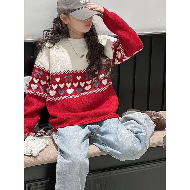 Wholesale Cross-Border Girls' Red Sweater Autumn and Winter 2025 Girls' Big Kids Christmas New Year Knitwear Children's Pullover