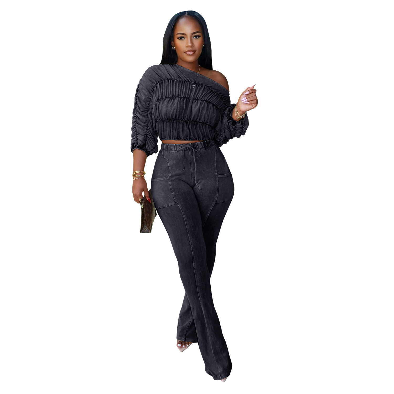 C7568 Aliexpress transfronterizo Amazon ropa de moda europea y americana para mujeres hace viejos hombros inclinados plegados mini-pantalones casuales conjunto