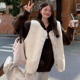 羊羔绒毛毛马甲女秋冬小个子宽松无袖坎肩背心马夹短款上衣奶白色