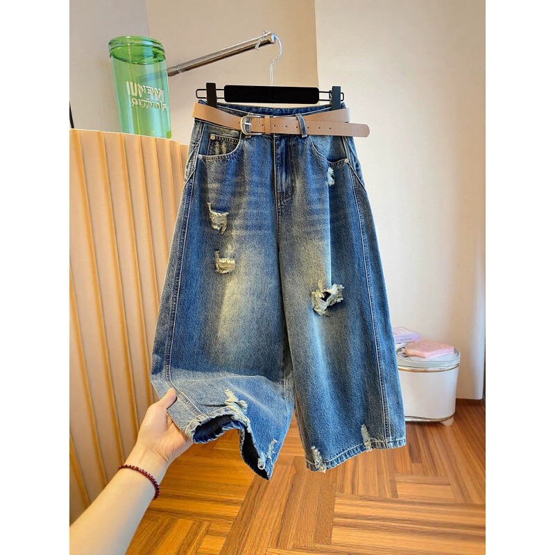 Blue Ripped Denim Wide-Leg Pants for Women, Summer Thin Style, Pear-Shaped Body, Plus Size, Slimming, Loose Fit, Cropped Straight Pants