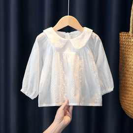 女童秋装白衬衫2024新款小童公主蕾丝长袖上衣宝宝宽松洋气娃娃衫
