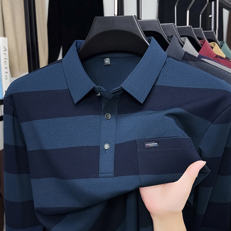 Middle-Aged and Elderly Dad's Long-Sleeved Colorful Cotton Pocket Lapel T-Shirt Loose Casual Autumn and Winter Men's Top Polo Shirt