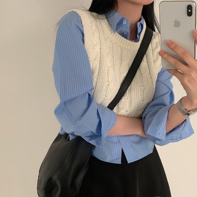 跨境秋季新款韩国chic基础款简约休闲条纹衬衫高级感长袖女式衬衣|undefined
