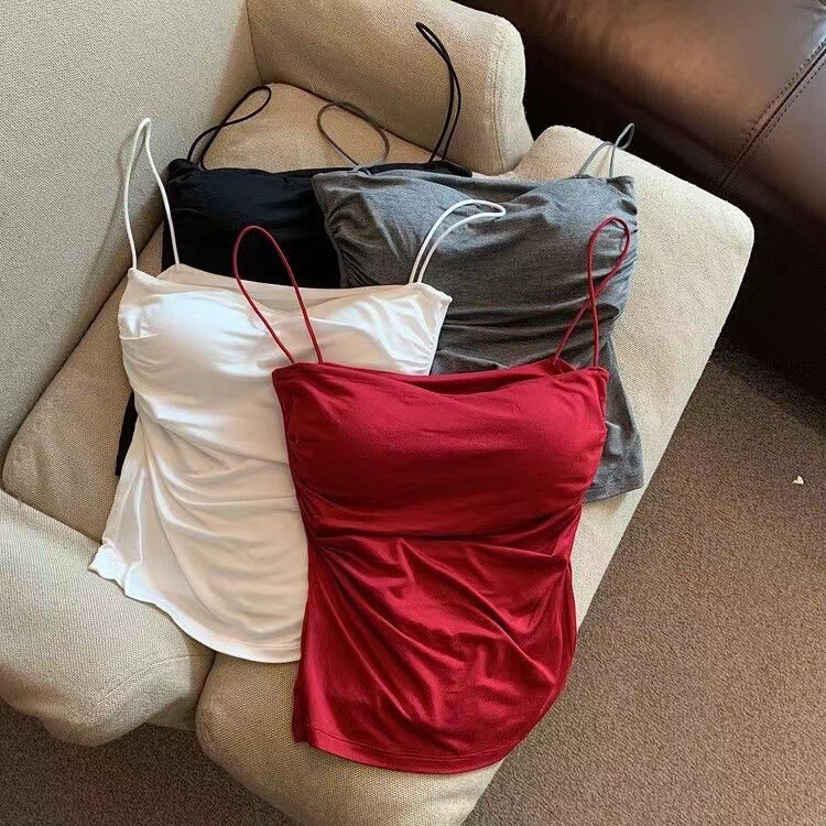 Hot Girl Pleated Small Camisole Women's Spaghetti Straps with Breast Pads and Beautiful Back Comfortable Bottoming Outer Wear Girl's Top Summer