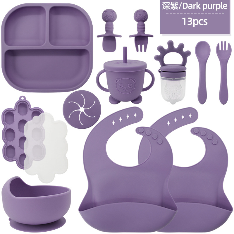 Juego de vajilla de silicona para niños transfronterizos Tazón de comida especial para bebés y niños pequeños Cuchara de silicona de grado alimenticio Juego completo de babero