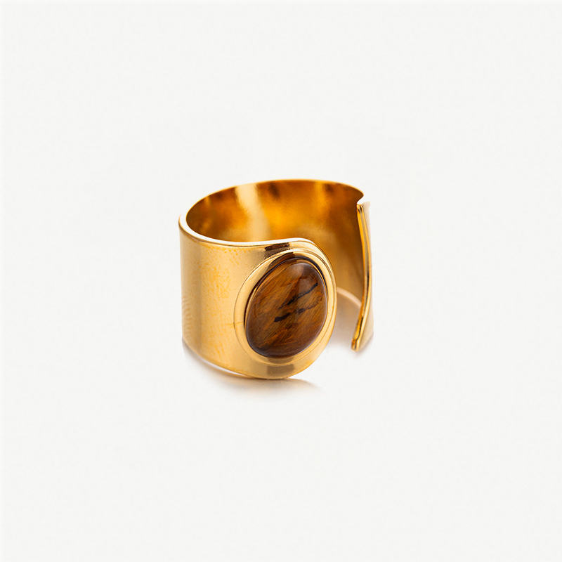 Tina 18K oro tigre ojo titanio anillo de acero mujer no desvanecer piedra natural ágata anillos de acero inoxidable bandera joyería