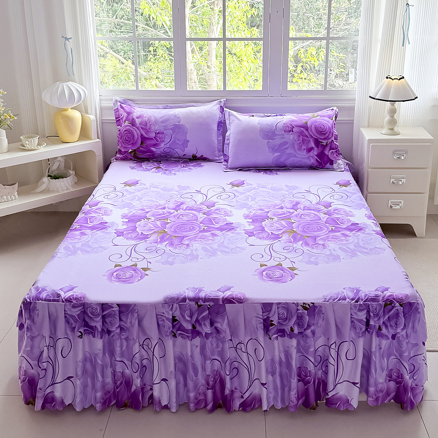 2026 princesa coreana vestido de cama antideslizante doble cubierta lateral cama de encaje cama de cama de gazebo vestido de cama de tres piezas image 2